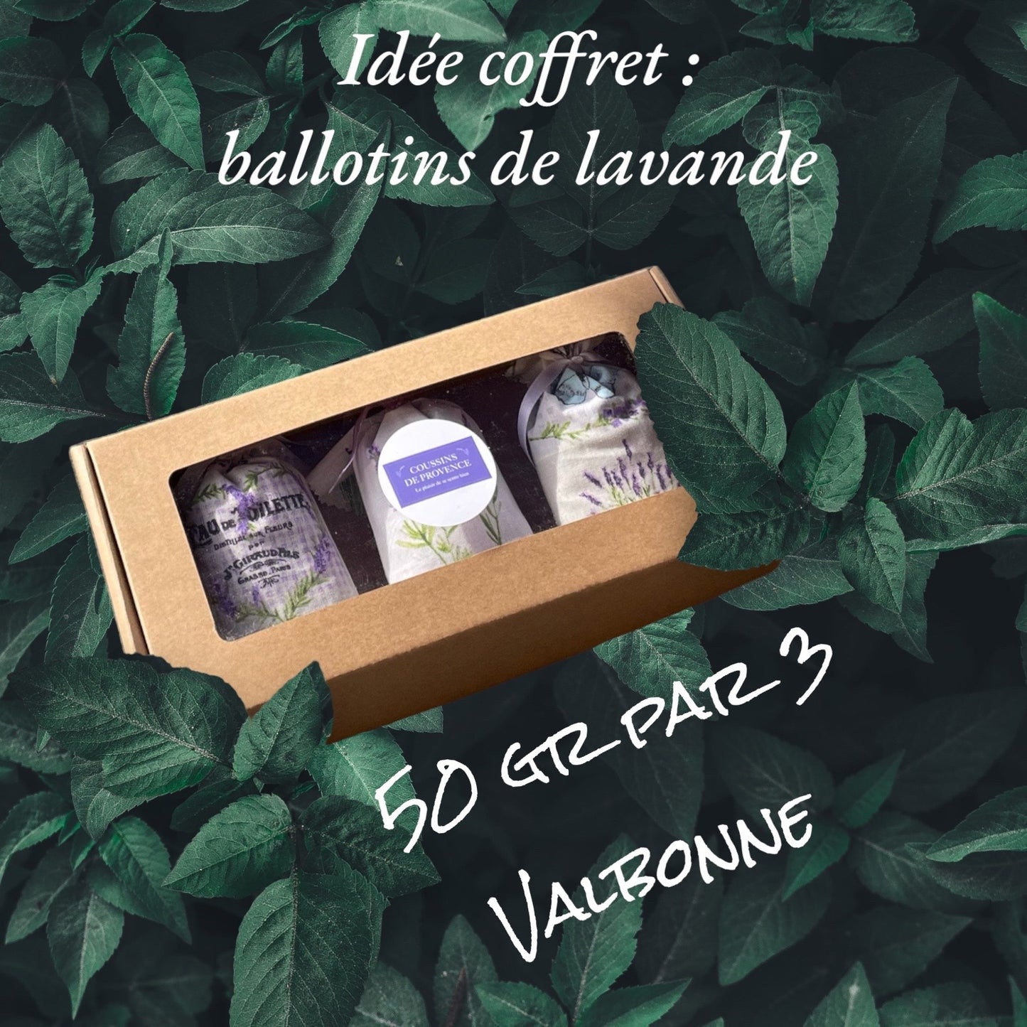3 ballotins de lavande dans un coffret collection Valbonne