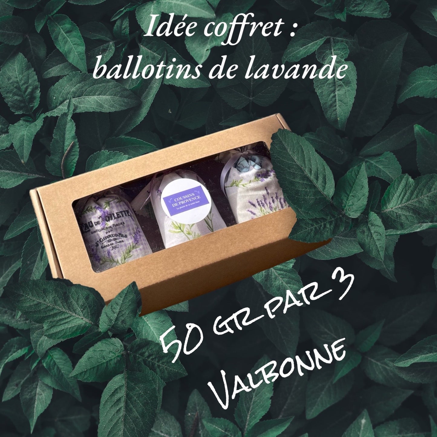 3 ballotins de lavande dans un coffret collection Valbonne 